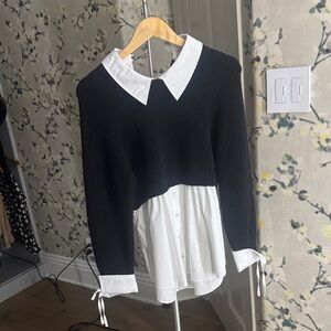cinq a sept Black Cropped Sweater with White Shirt Detail